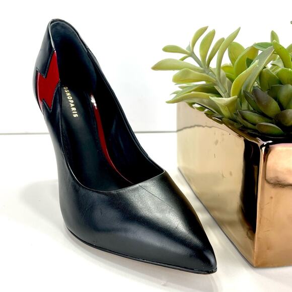 Cosmoparis Stiletto Heel Pump Sz 8 Black & Red Leather Closed Pointed Toe Padded - Picture 11 of 16